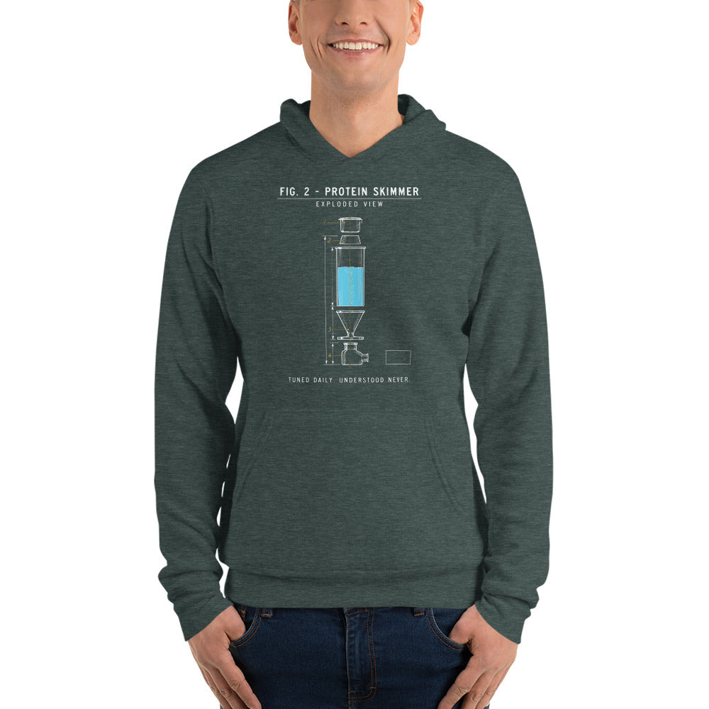 Protein Skimmer Exploded View reef tank saltwater aquarium hoodie — Heather Forest, on model