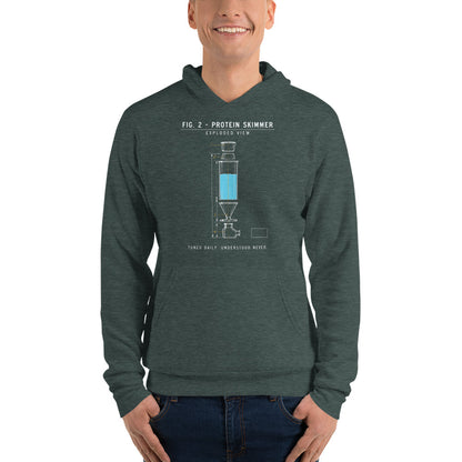 Protein Skimmer Exploded View reef tank saltwater aquarium hoodie — Heather Forest, on model