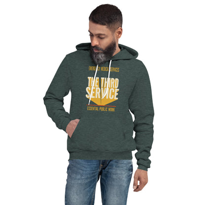 The Third Service EMS hoodie — Heather Forest, on model