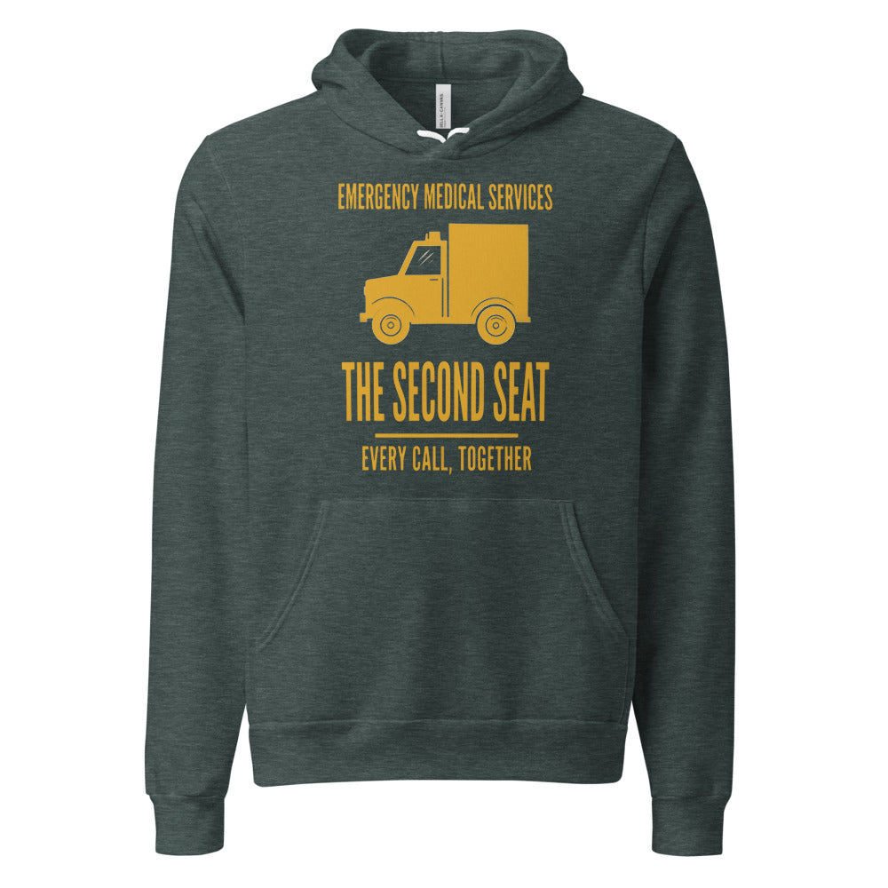 The Second Seat EMS paramedic hoodie — Heather Forest, front