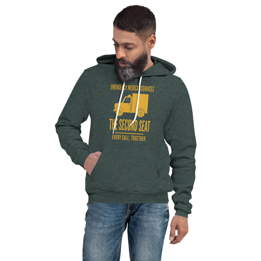 The Second Seat EMS paramedic hoodie — Heather Forest, on model