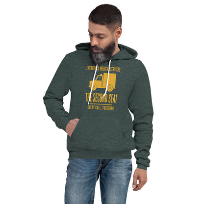 The Second Seat EMS paramedic hoodie — Heather Forest, on model