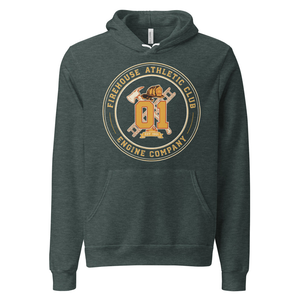 Firehouse Athletic Club retro firefighter emblem hoodie — Heather Forest, front