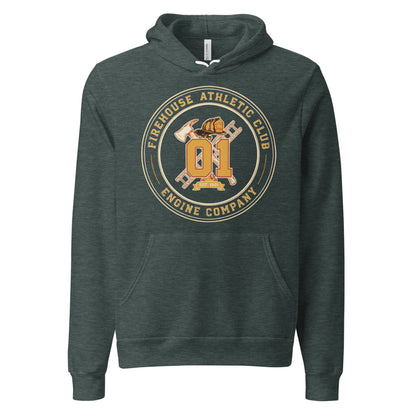 Firehouse Athletic Club retro firefighter emblem hoodie — Heather Forest, front