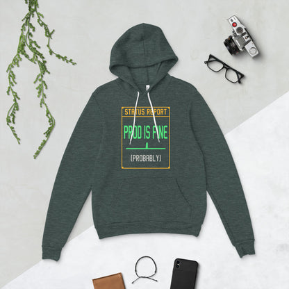 Prod Is Fine programmer hoodie — Heather Forest, flat lay