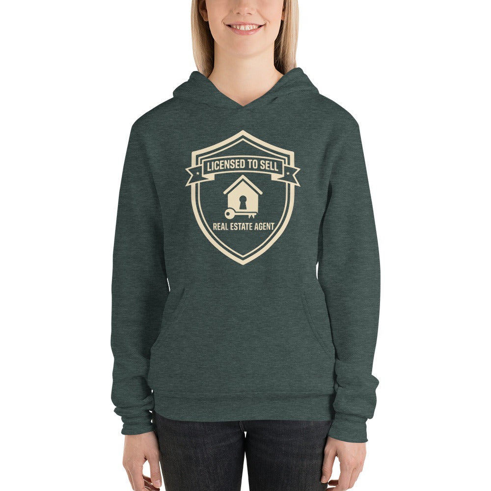 Licensed to Sell real estate agent hoodie — Heather Forest, on model