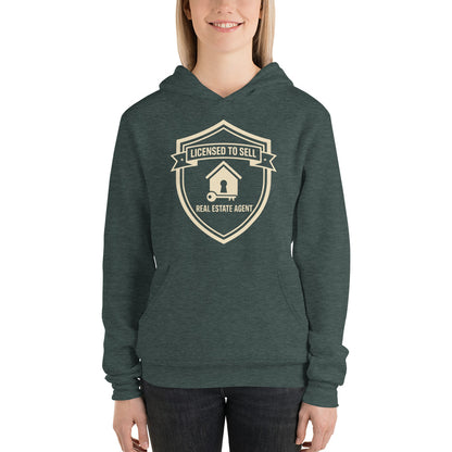 Licensed to Sell real estate agent hoodie — Heather Forest, on model