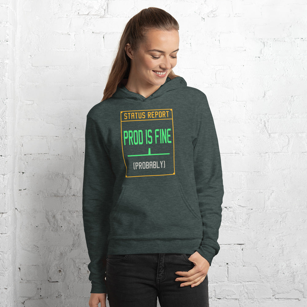 Prod Is Fine programmer hoodie — Heather Forest, on model
