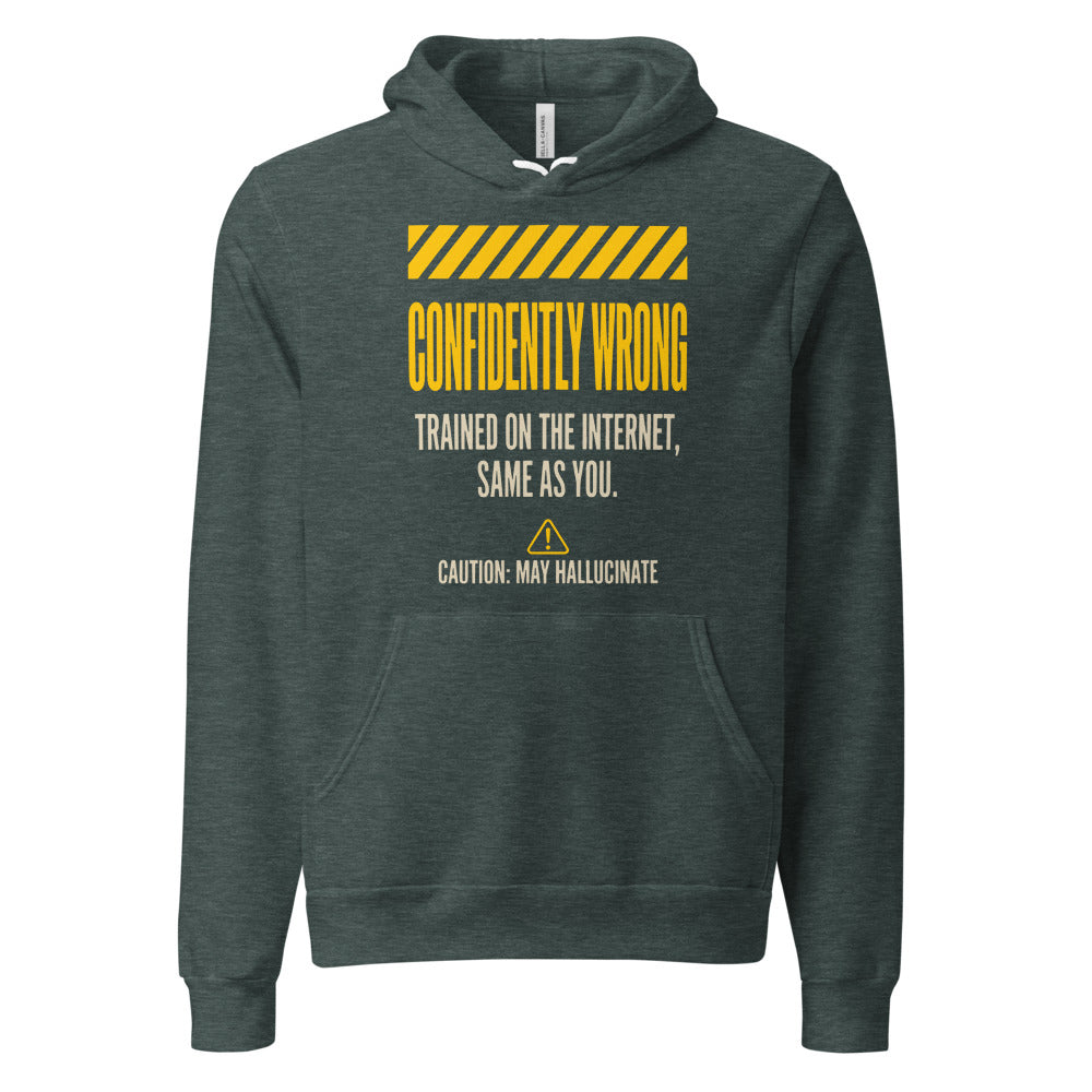 Confidently Wrong AI hazard-label pullover hoodie — Heather Forest, front
