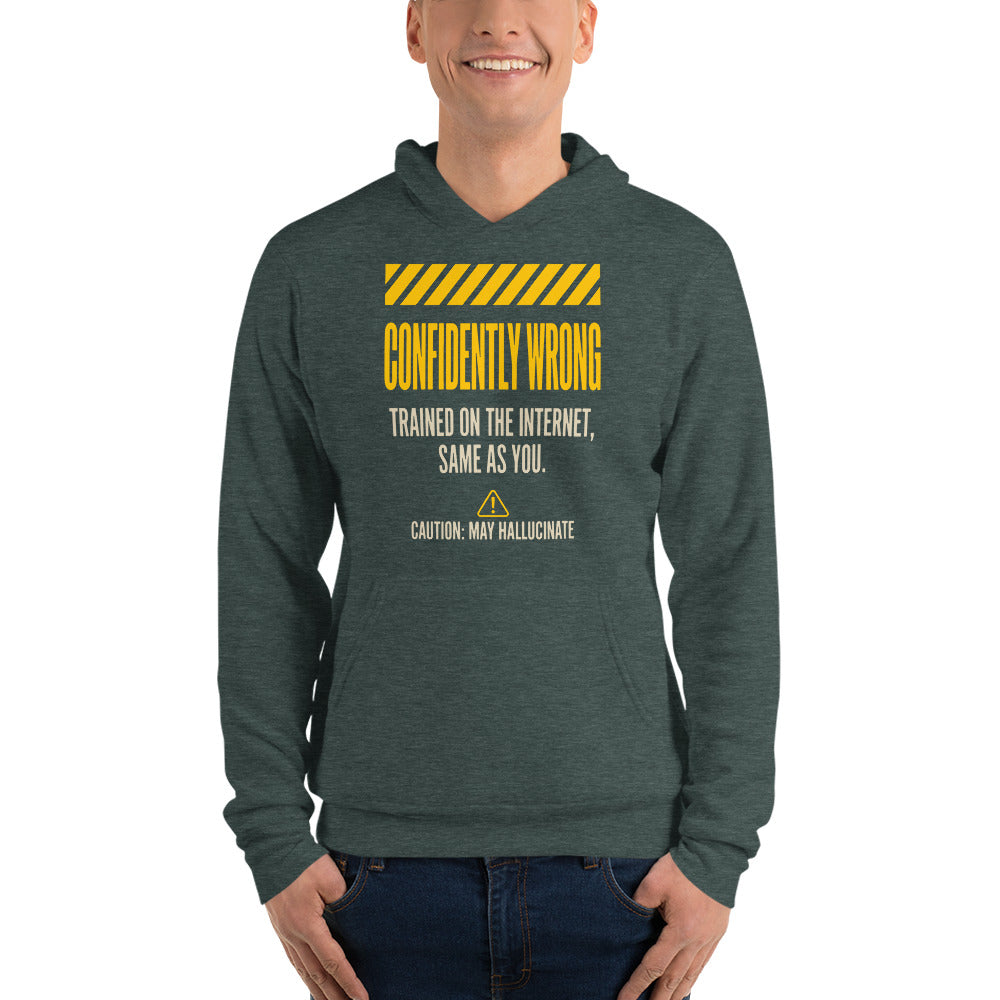 Confidently Wrong AI hazard-label pullover hoodie — Heather Forest, on model