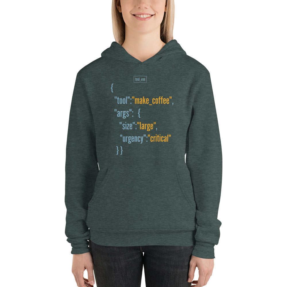 Tool Call Make Coffee AI engineer hoodie — Heather Forest, on model