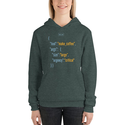 Tool Call Make Coffee AI engineer hoodie — Heather Forest, on model