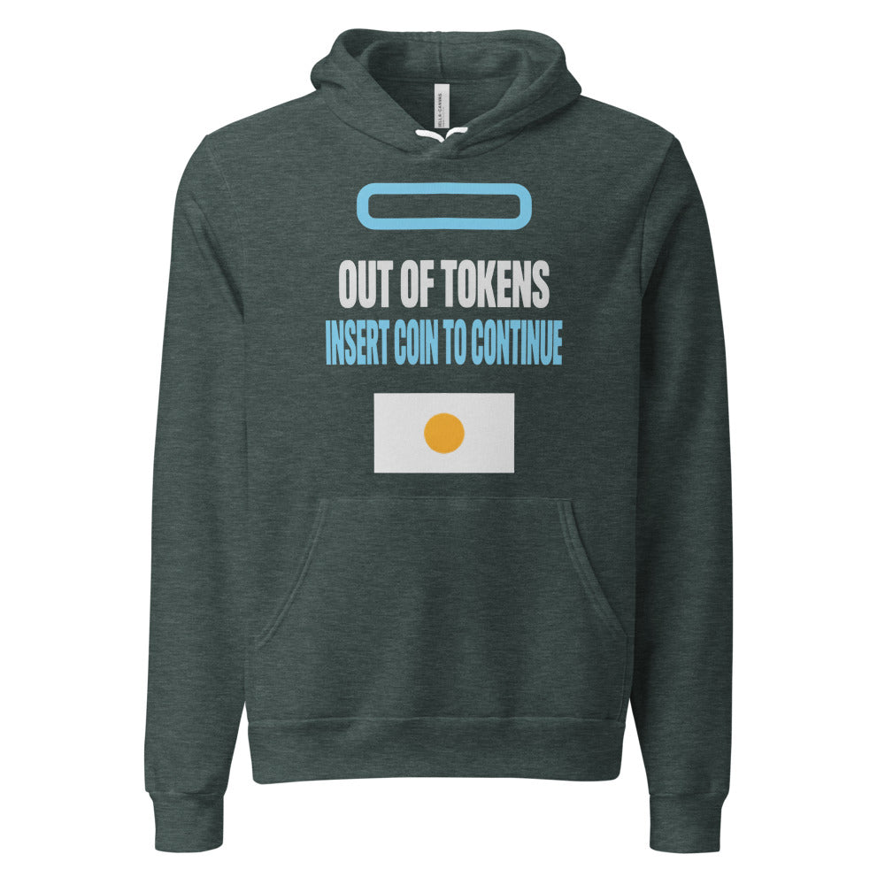 Insert Coin To Continue out of tokens hoodie — Heather Forest, front