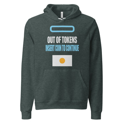 Insert Coin To Continue out of tokens hoodie — Heather Forest, front