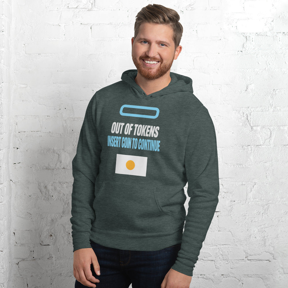 Insert Coin To Continue out of tokens hoodie — Heather Forest, on model