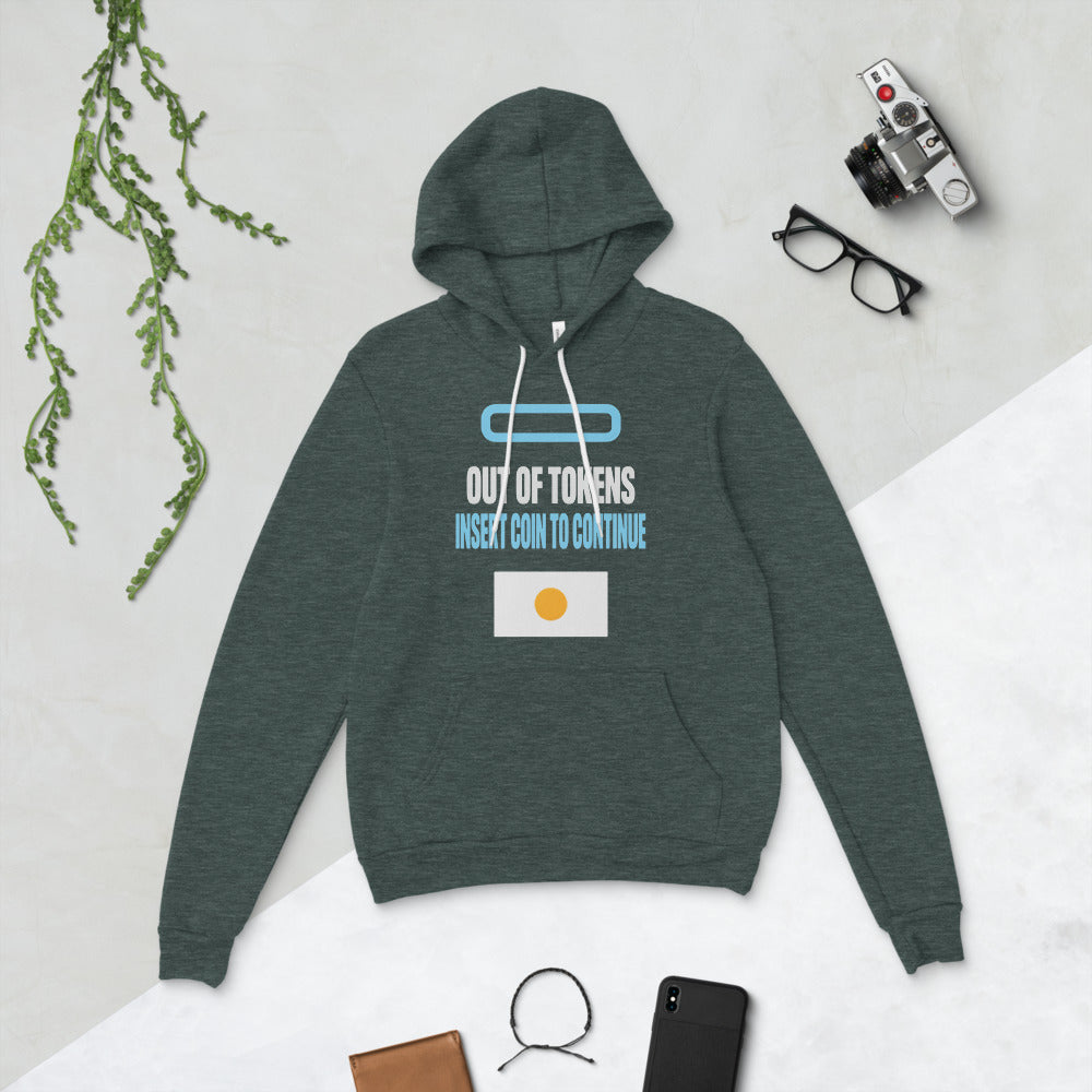 Insert Coin To Continue out of tokens hoodie — Heather Forest, flat lay