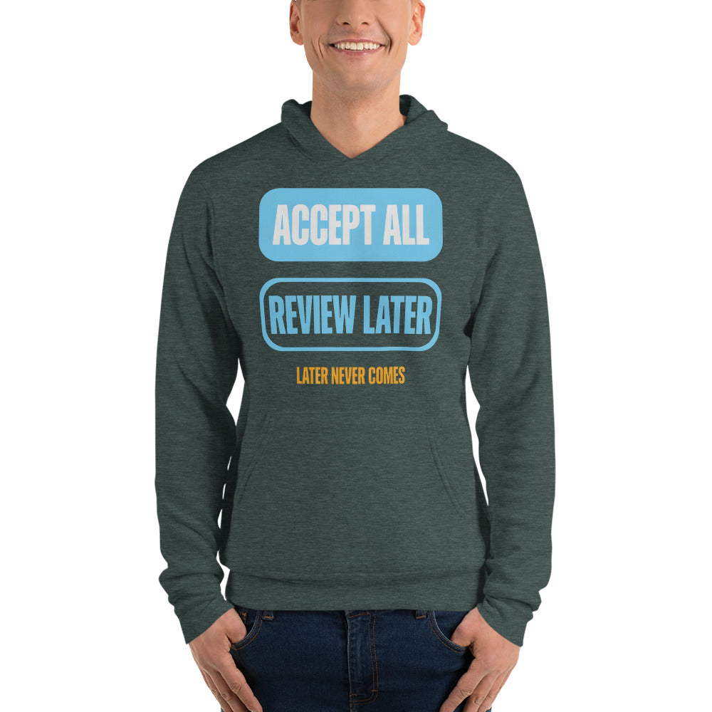 Accept All Review Later hoodie — Heather Forest, on model