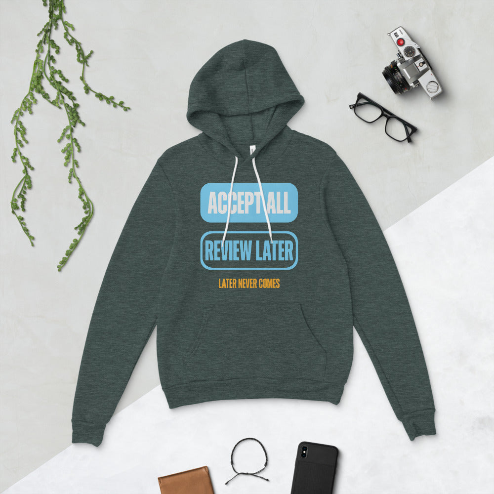 Accept All Review Later hoodie — Heather Forest, flat lay