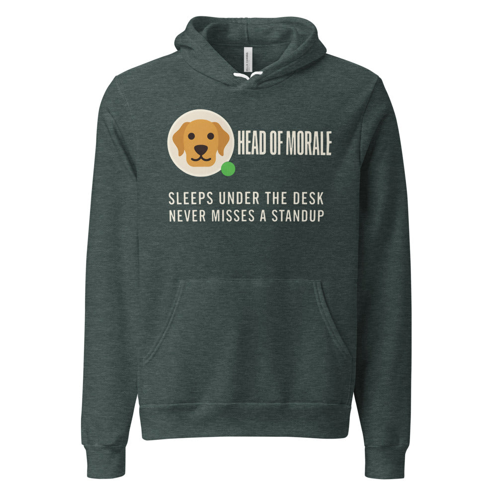 Head of Morale dog profile card unisex hoodie — Heather Forest, front