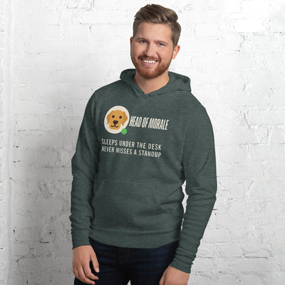 Head of Morale dog profile card unisex hoodie — Heather Forest, on model