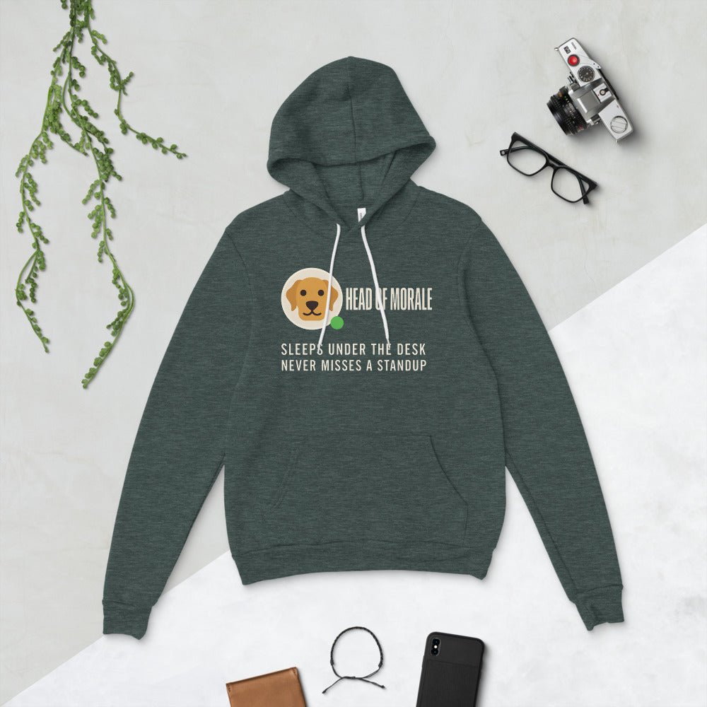 Head of Morale dog profile card unisex hoodie — Heather Forest, flat lay