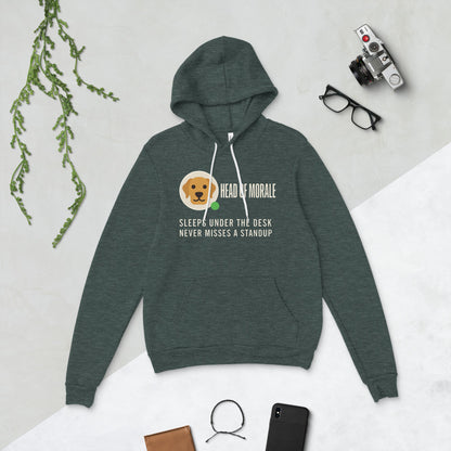 Head of Morale dog profile card unisex hoodie — Heather Forest, flat lay