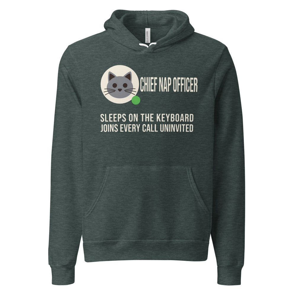 Chief Nap Officer cat profile card unisex hoodie — Heather Forest, front