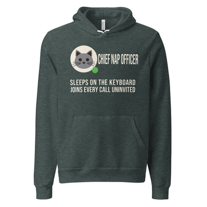 Chief Nap Officer cat profile card unisex hoodie — Heather Forest, front