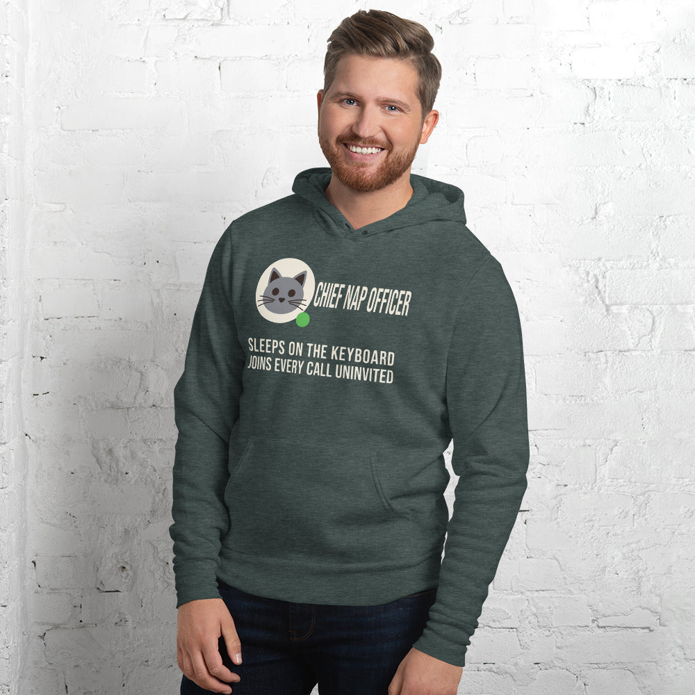 Chief Nap Officer cat profile card unisex hoodie — Heather Forest, on model