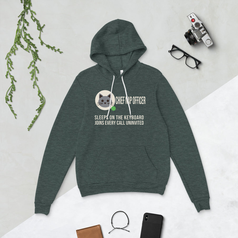 Chief Nap Officer cat profile card unisex hoodie — Heather Forest, flat lay