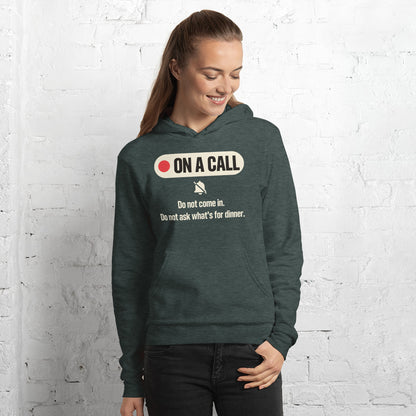 On A Call do not disturb status unisex hoodie — Heather Forest, on model