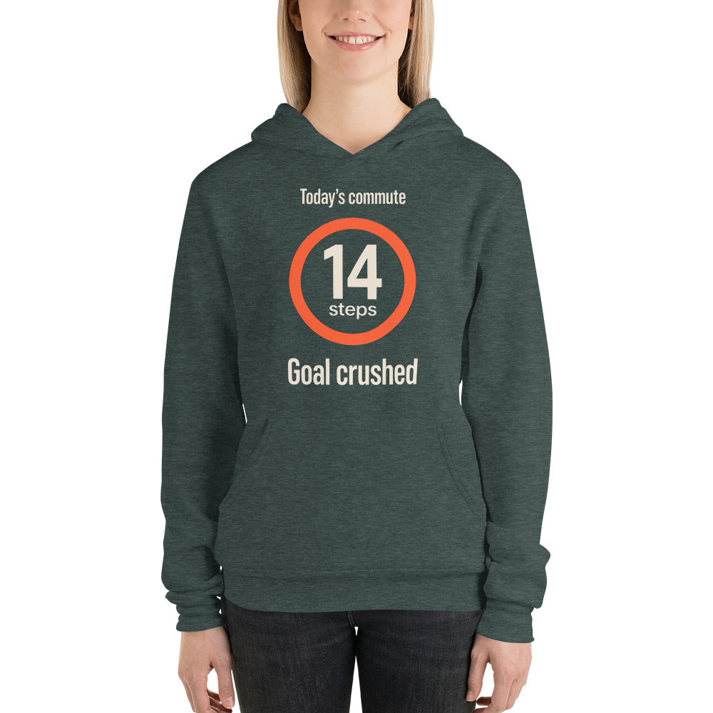 Today's Commute 14 Steps work from home unisex hoodie — Heather Forest, on model