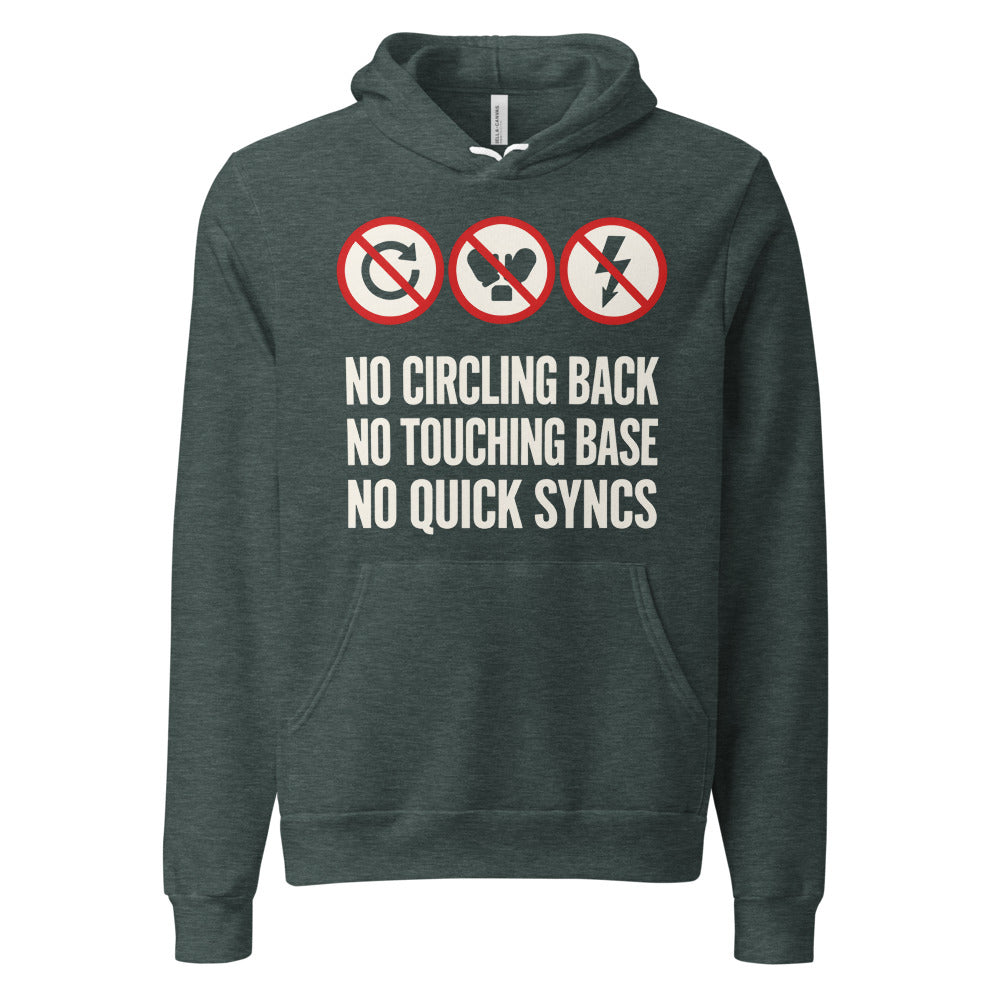 No Circling Back corporate jargon prohibition signs pullover hoodie — Heather Forest, front
