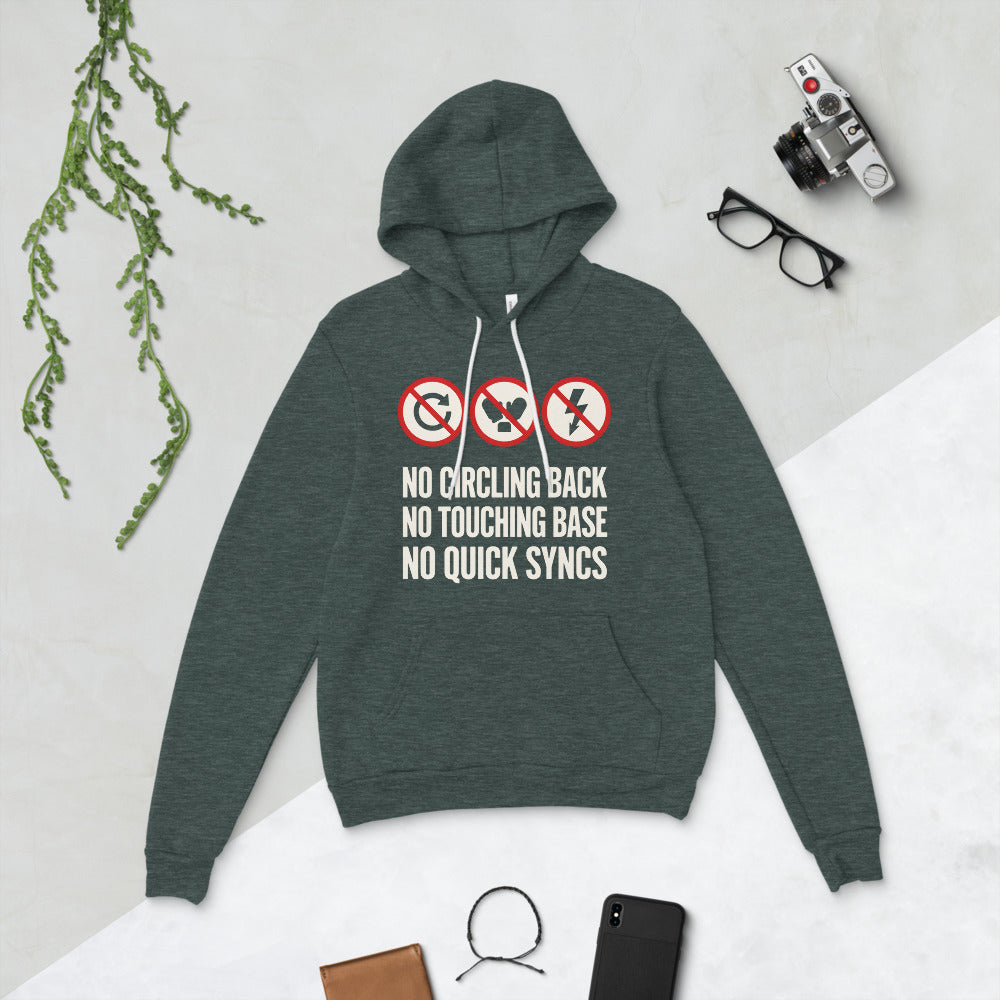 No Circling Back corporate jargon prohibition signs pullover hoodie — Heather Forest, flat lay