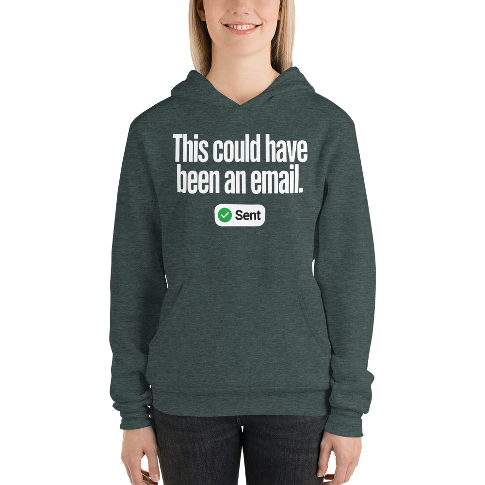 This Could Have Been An Email pullover hoodie — Heather Forest, on model