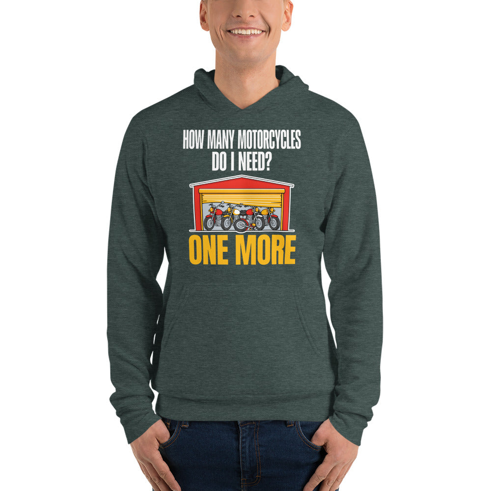 One More funny motorcycle hoodie — Heather Forest, on model