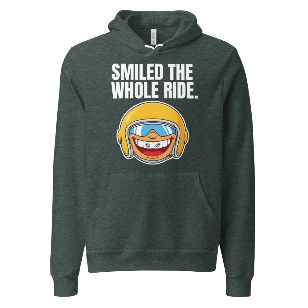 Smiled The Whole Ride funny motorcycle hoodie — Heather Forest, front