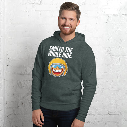 Smiled The Whole Ride funny motorcycle hoodie — Heather Forest, on model