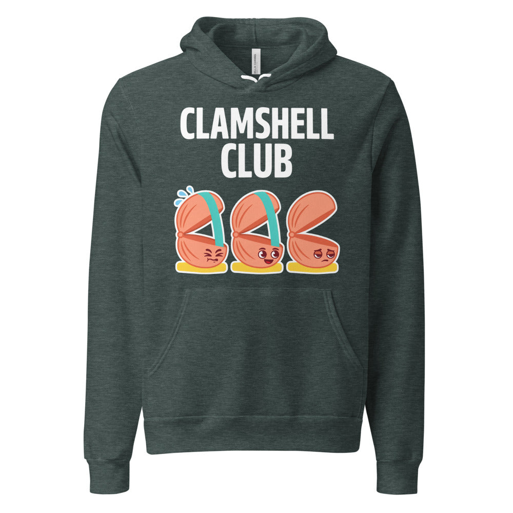 Clamshell Club funny physical therapy hoodie — Heather Forest, front