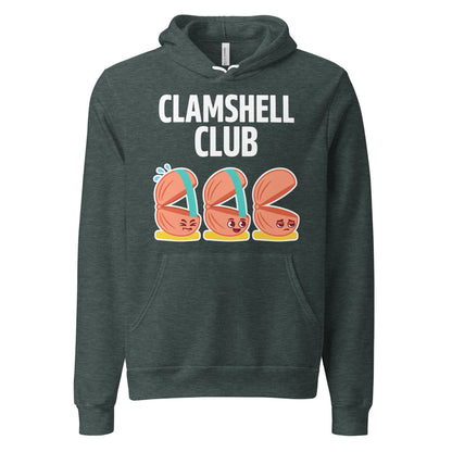 Clamshell Club funny physical therapy hoodie — Heather Forest, front
