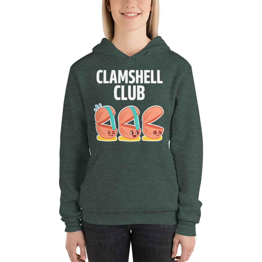 Clamshell Club funny physical therapy hoodie — Heather Forest, on model