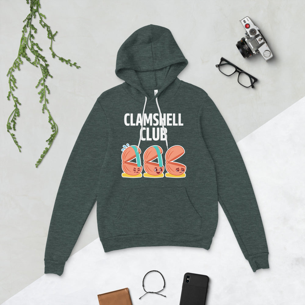 Clamshell Club funny physical therapy hoodie — Heather Forest, flat lay