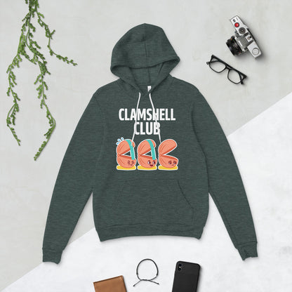 Clamshell Club funny physical therapy hoodie — Heather Forest, flat lay