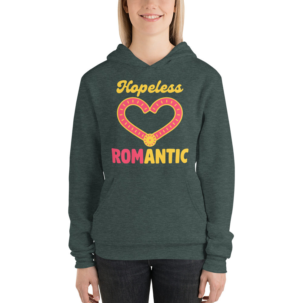 Hopeless ROMantic funny physical therapy hoodie — Heather Forest, on model