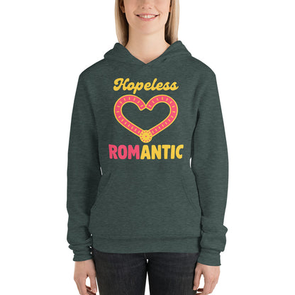 Hopeless ROMantic funny physical therapy hoodie — Heather Forest, on model