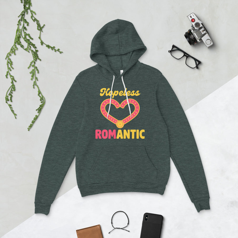 Hopeless ROMantic funny physical therapy hoodie — Heather Forest, flat lay