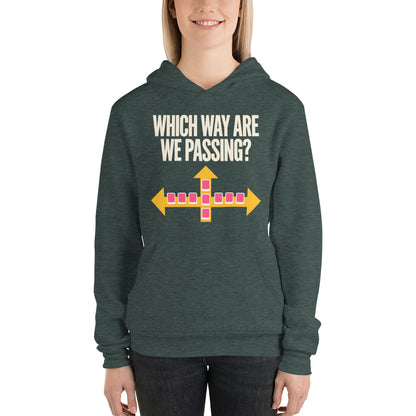 Which Way Are We Passing funny mahjong hoodie — Heather Forest, on model