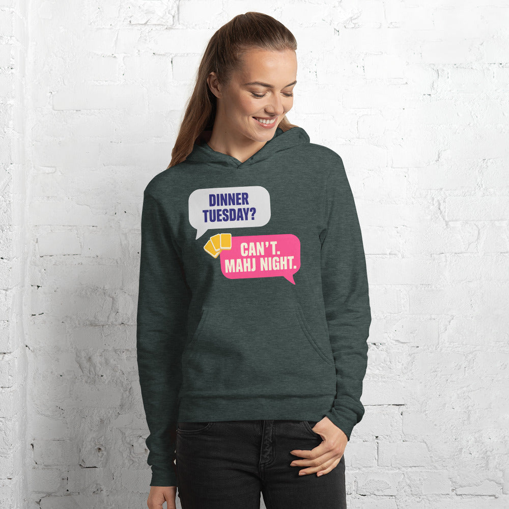 Mahj Night funny mahjong hoodie — Heather Forest, on model