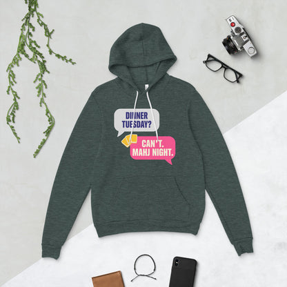 Mahj Night funny mahjong hoodie — Heather Forest, flat lay