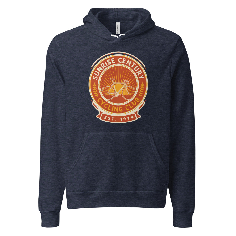 Sunrise Century C.C. retro cycling club badge hoodie — Heather Navy, front